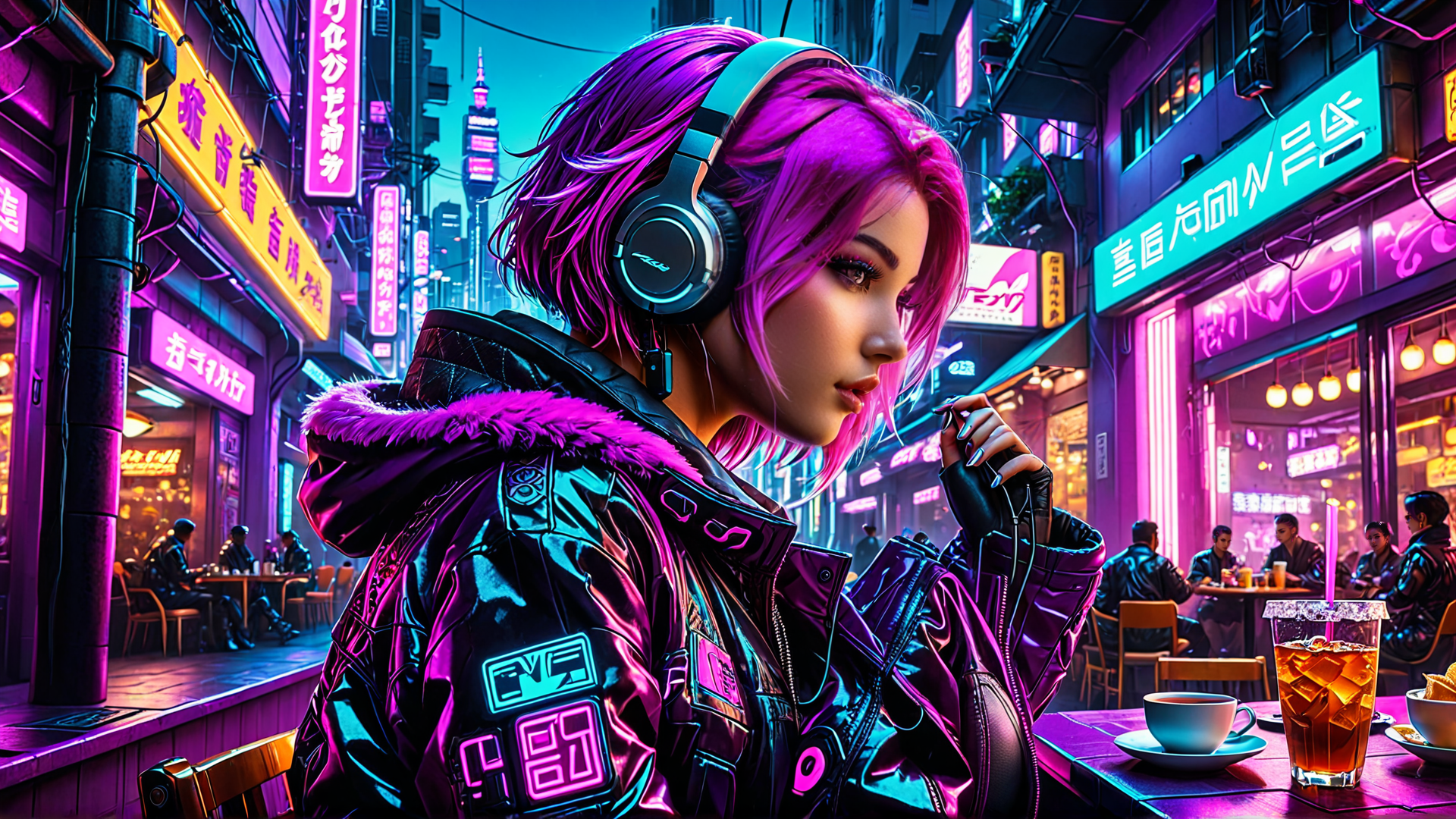 AI generated wallpaper featuring woman, neon, street