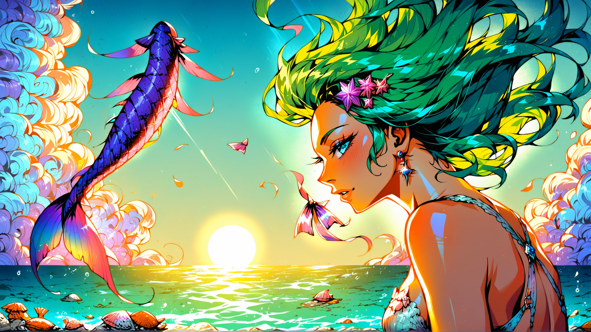 AI generated wallpaper featuring mermaid, fish, sun, cloud, butterfly, seashell, hair