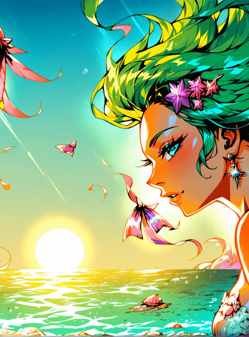 mermaid, fish, sun, cloud, butterfly, seashell, hair