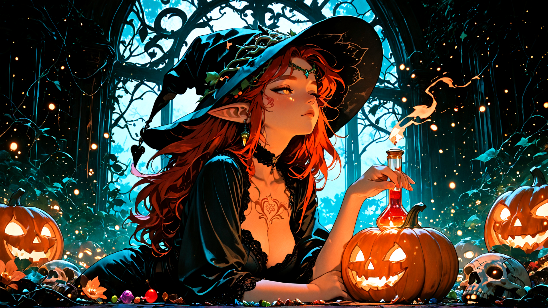 AI generated wallpaper featuring witch, pumpkin, skull, garden, vintage, cauldron, elf, candle, halloween, tattoo
