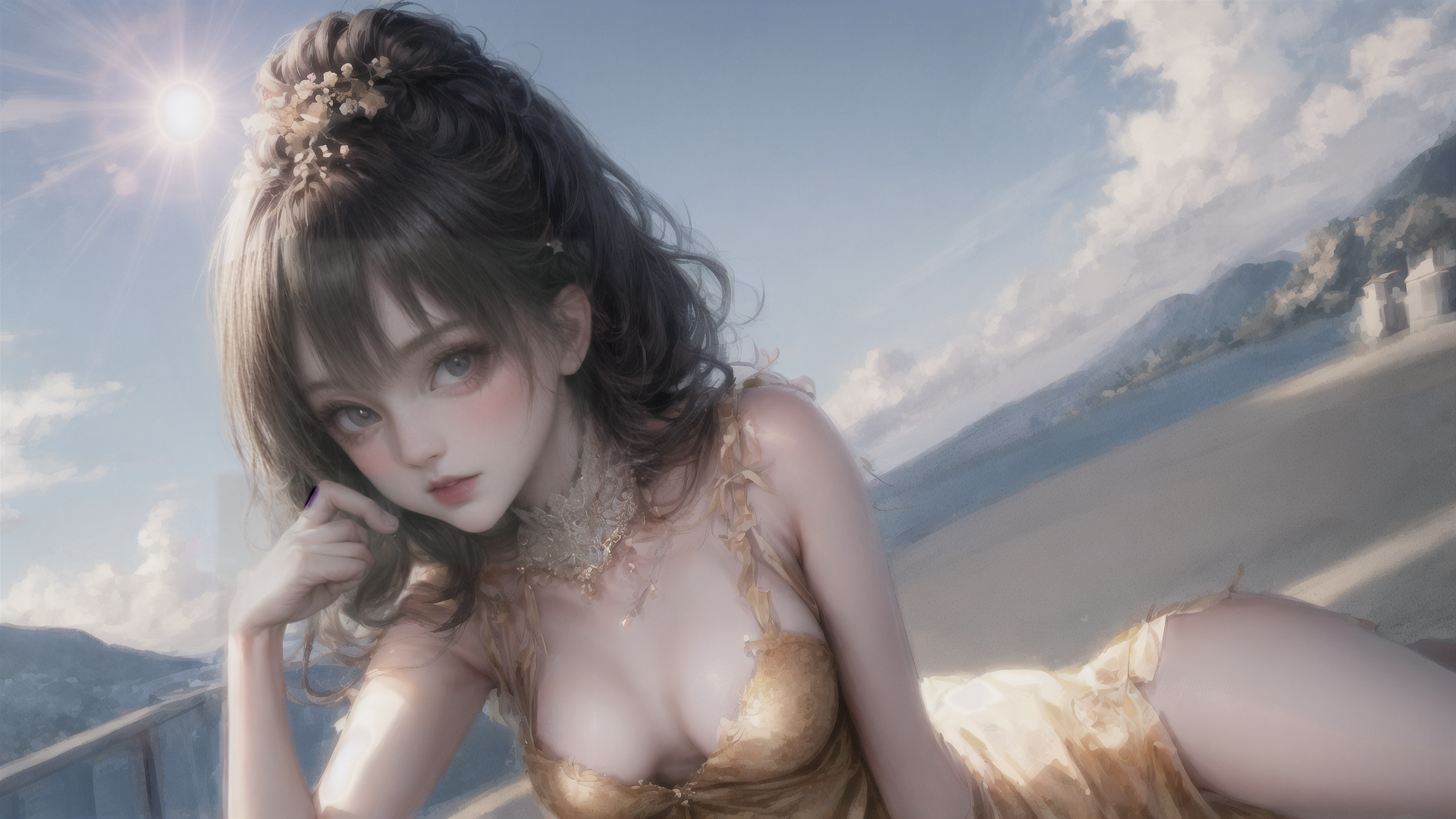 AI generated wallpaper featuring woman, beach, sun