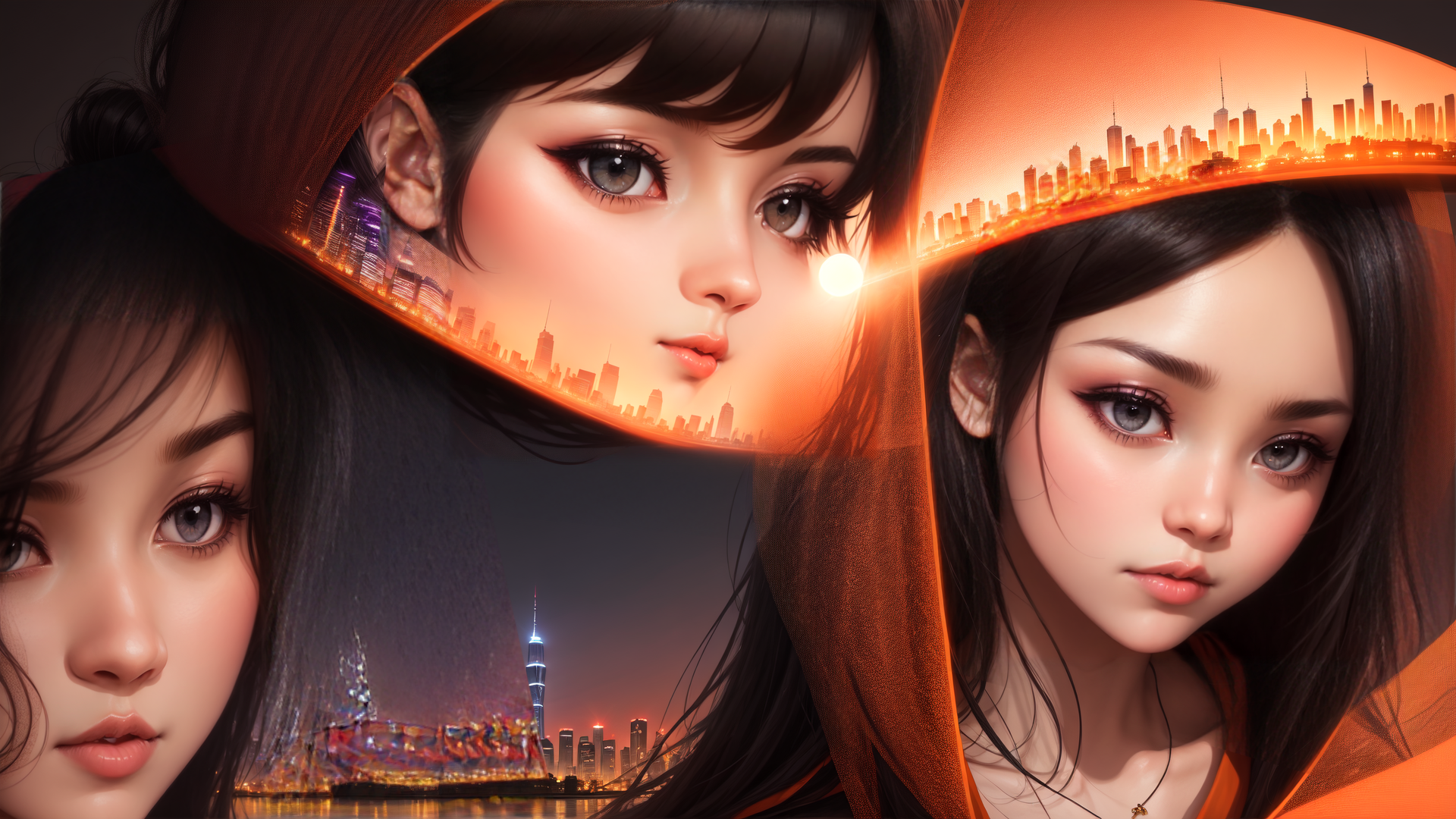 AI generated wallpaper featuring woman, cityscape, sun