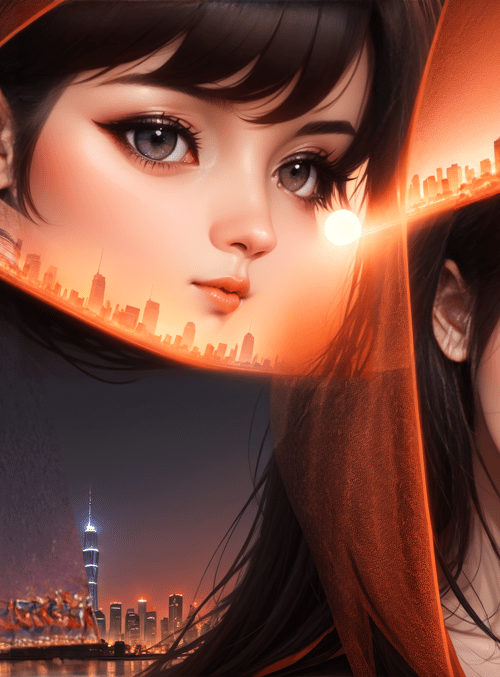 woman, cityscape, sun