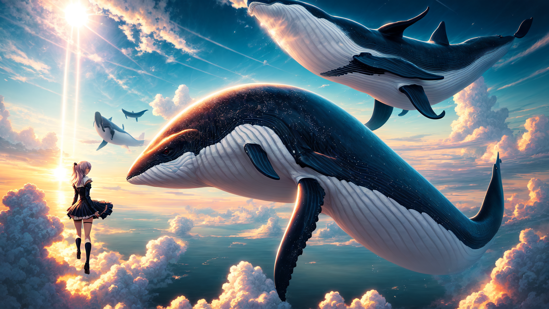 AI generated wallpaper featuring whale, girl, clouds