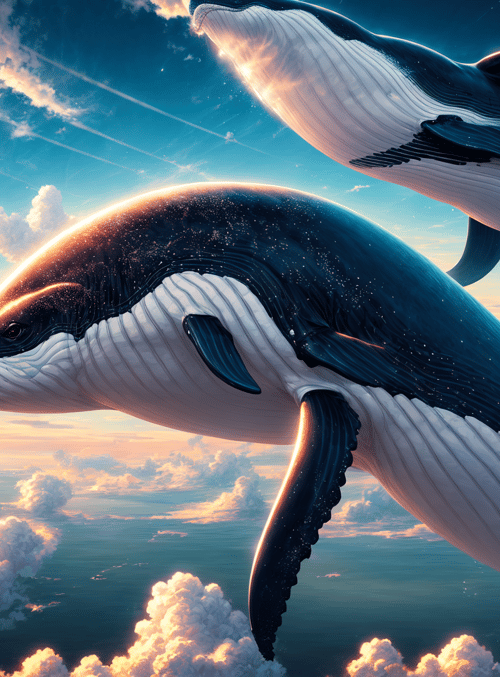 whale, girl, clouds