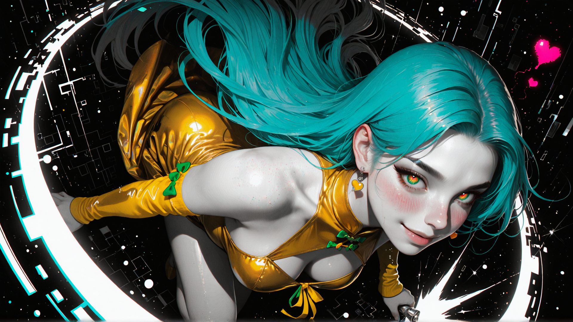 AI generated wallpaper featuring woman, cyberpunk, character, hair, outfit, gloves, heart, background, light, circle