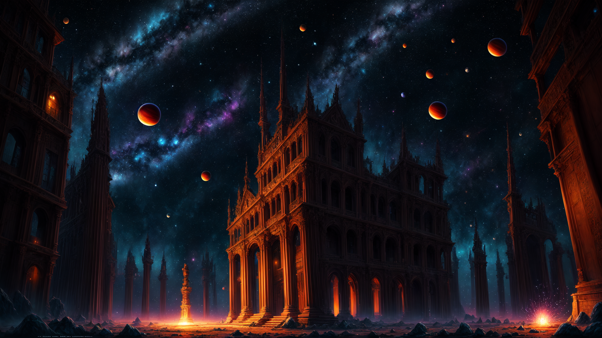 AI generated wallpaper featuring castle, galaxy, planets
