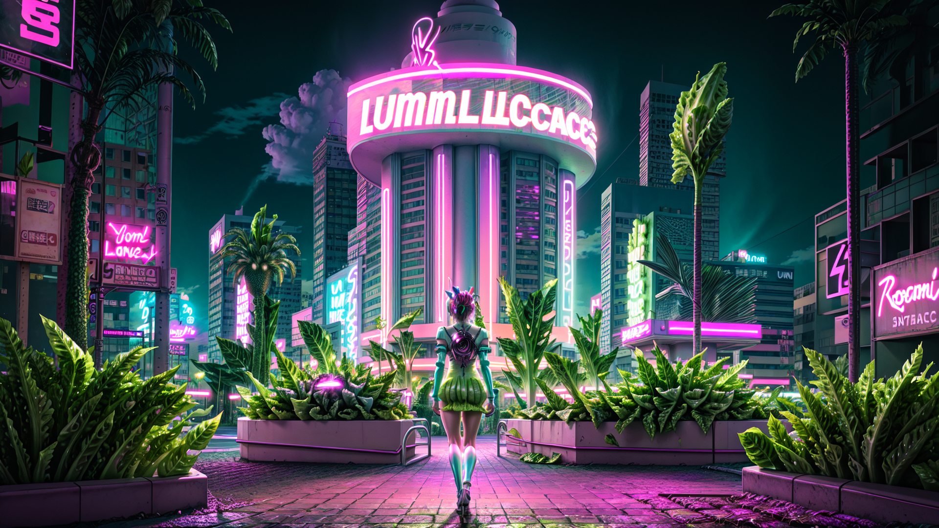 AI generated wallpaper featuring woman, cityscape, neon, buildings, plants