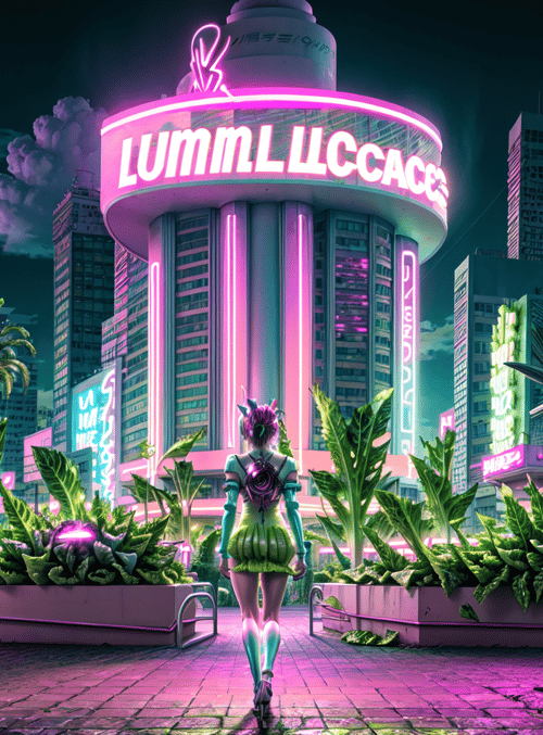 woman, cityscape, neon, buildings, plants