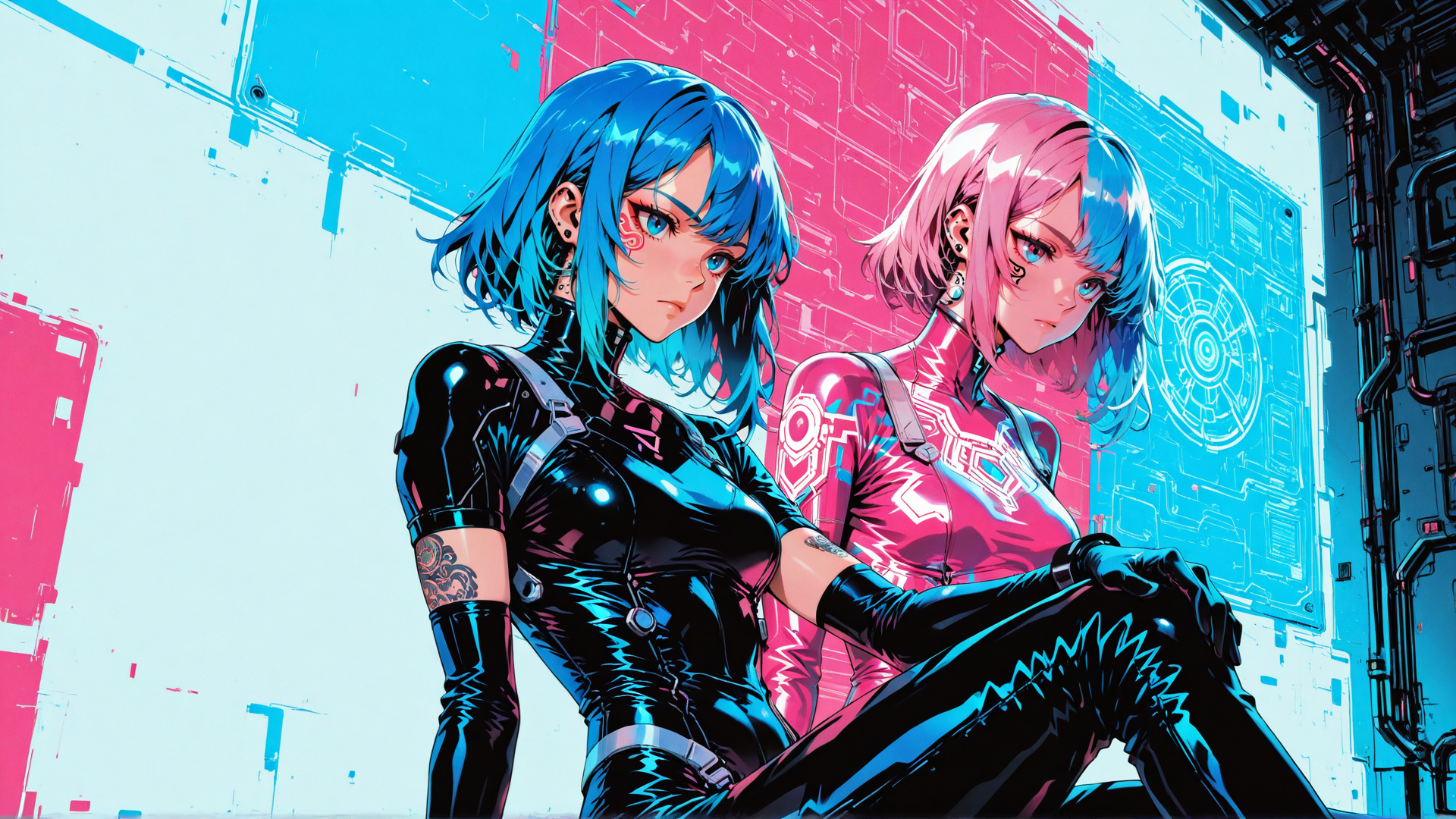 AI generated wallpaper featuring cyberpunk, women, anime, futuristic, characters