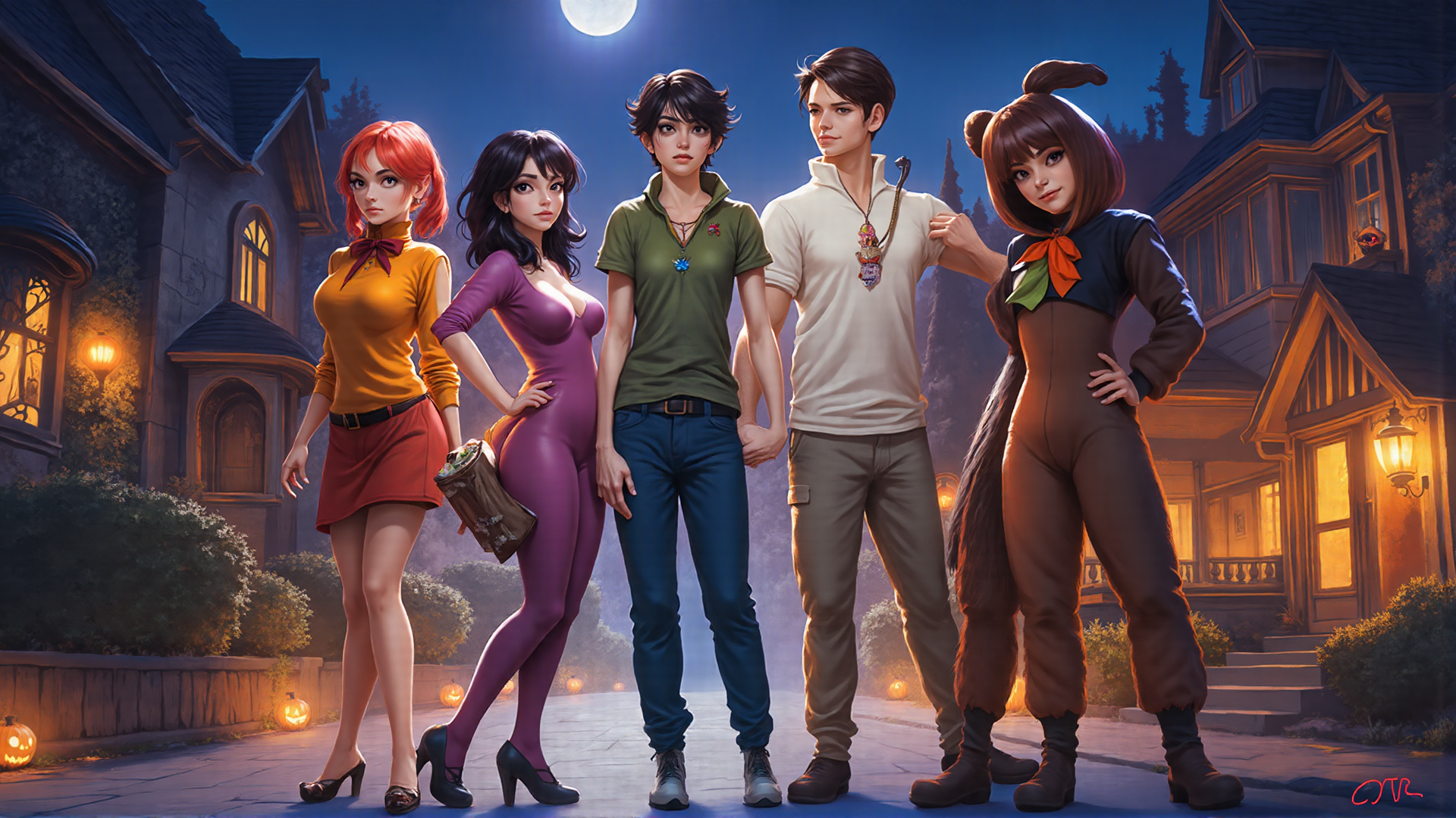 AI generated wallpaper featuring characters, people, group, group of people, women, men, costume, costumed characters, anthropomorphic, animal characters