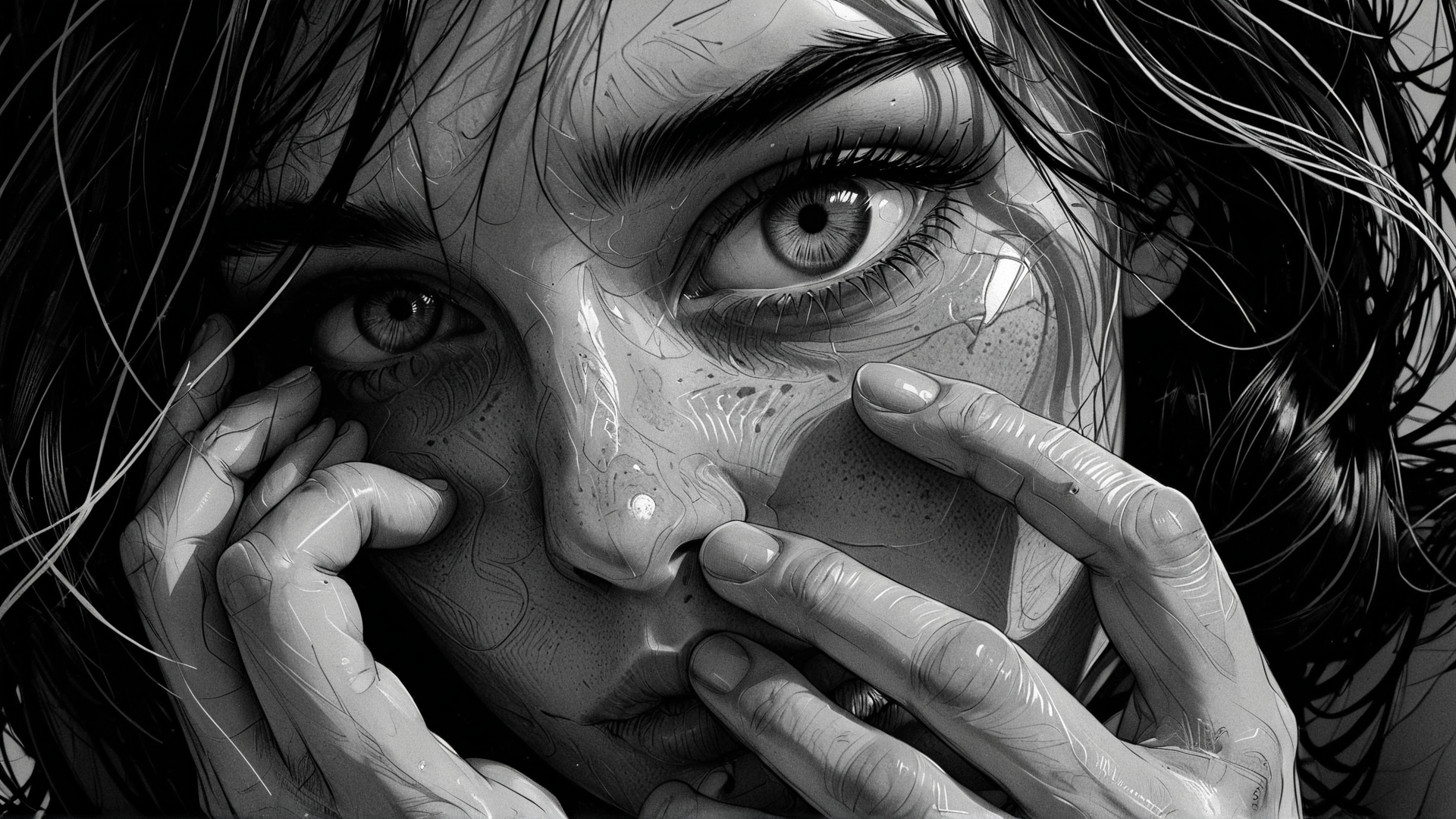 AI generated wallpaper featuring face, hands, hair, tears