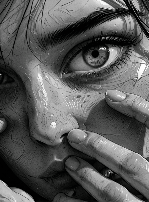 face, hands, hair, tears