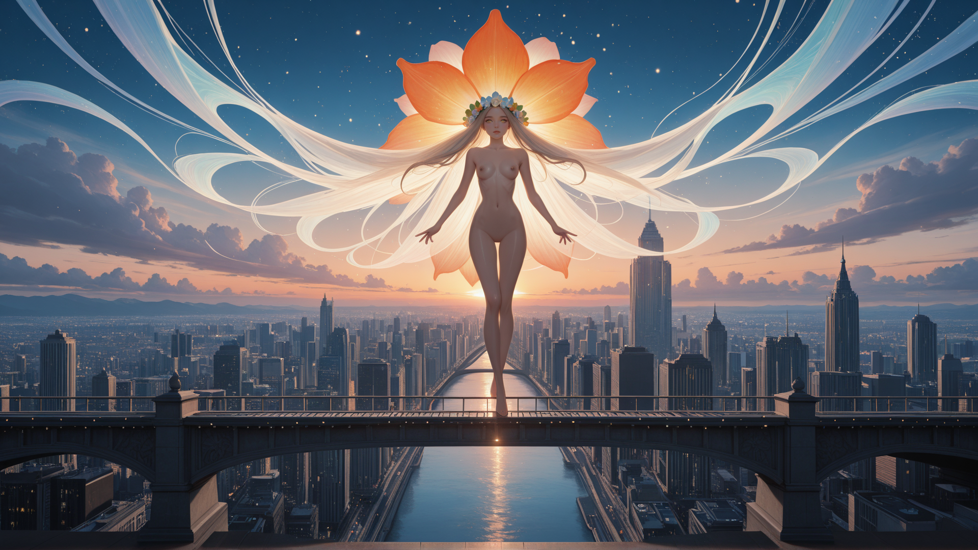 AI generated wallpaper featuring goddess, lotus, cityscape, bridge, sunset, skyline, woman, flowers, river, clouds