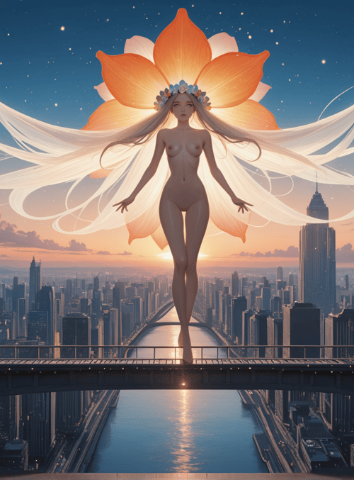 goddess, lotus, cityscape, bridge, sunset, skyline, woman, flowers, river, clouds