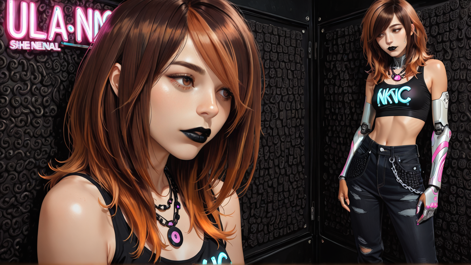 AI generated wallpaper featuring woman, cyborg, neon, nail art, tattoo, jacket, choker, chain, neon sign, robotic arm