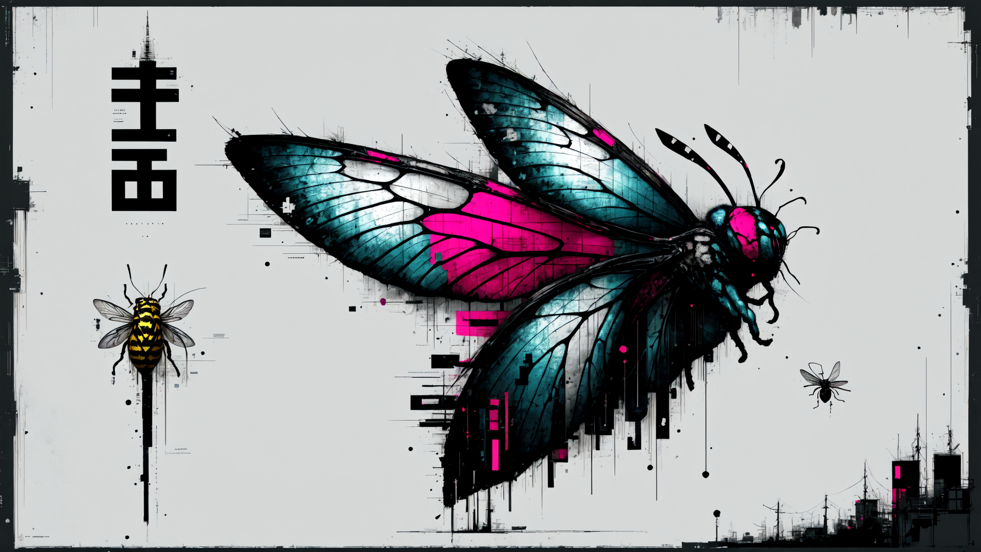 AI generated wallpaper featuring butterfly, bee, insect, digital art, cityscape