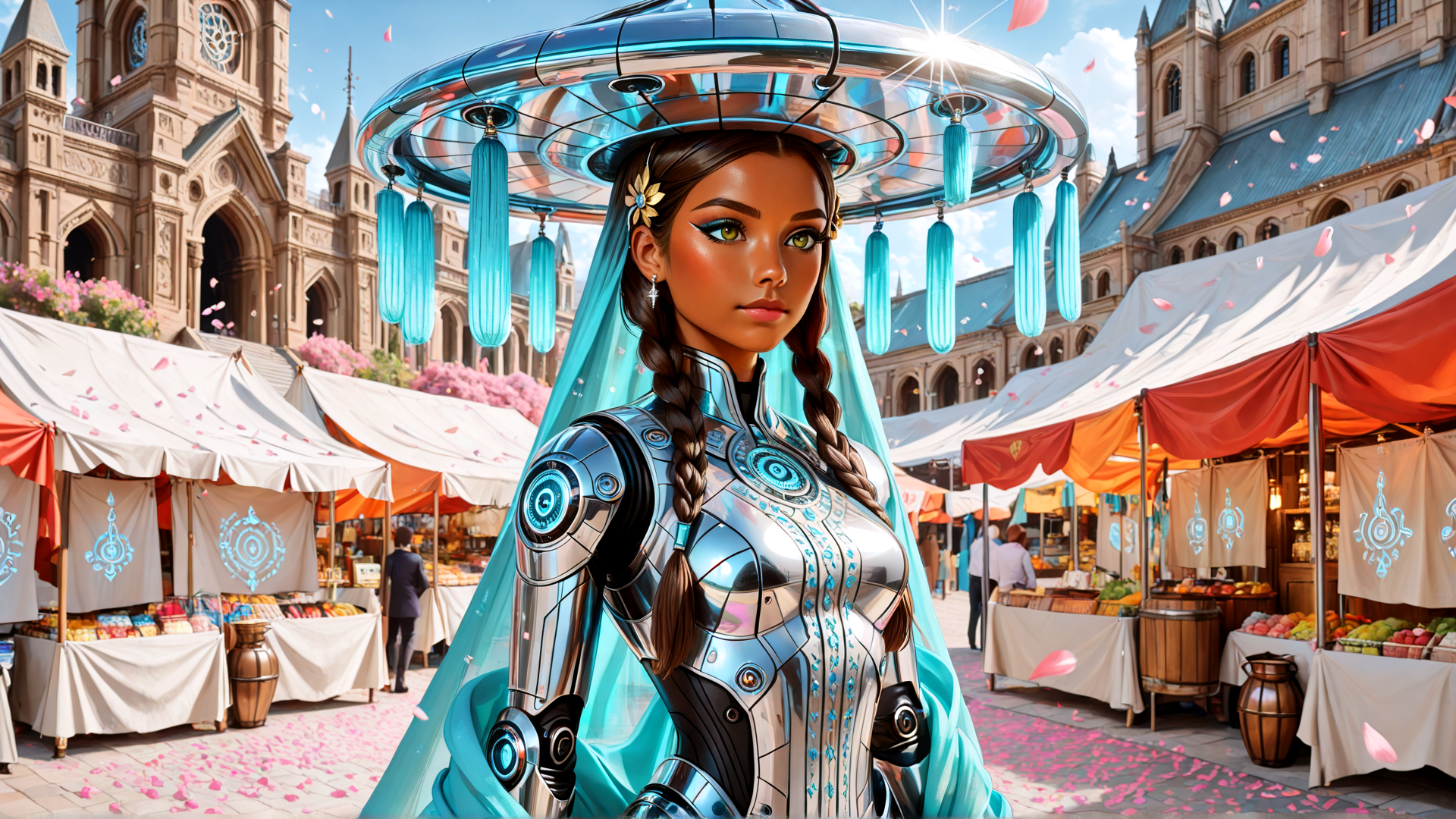 AI generated wallpaper featuring woman, robot, market, cathedral, tents, braid, hologram, veil, marketplace, carnival