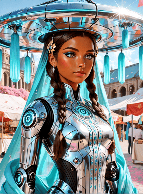 woman, robot, market, cathedral, tents, braid, hologram, veil, marketplace, carnival