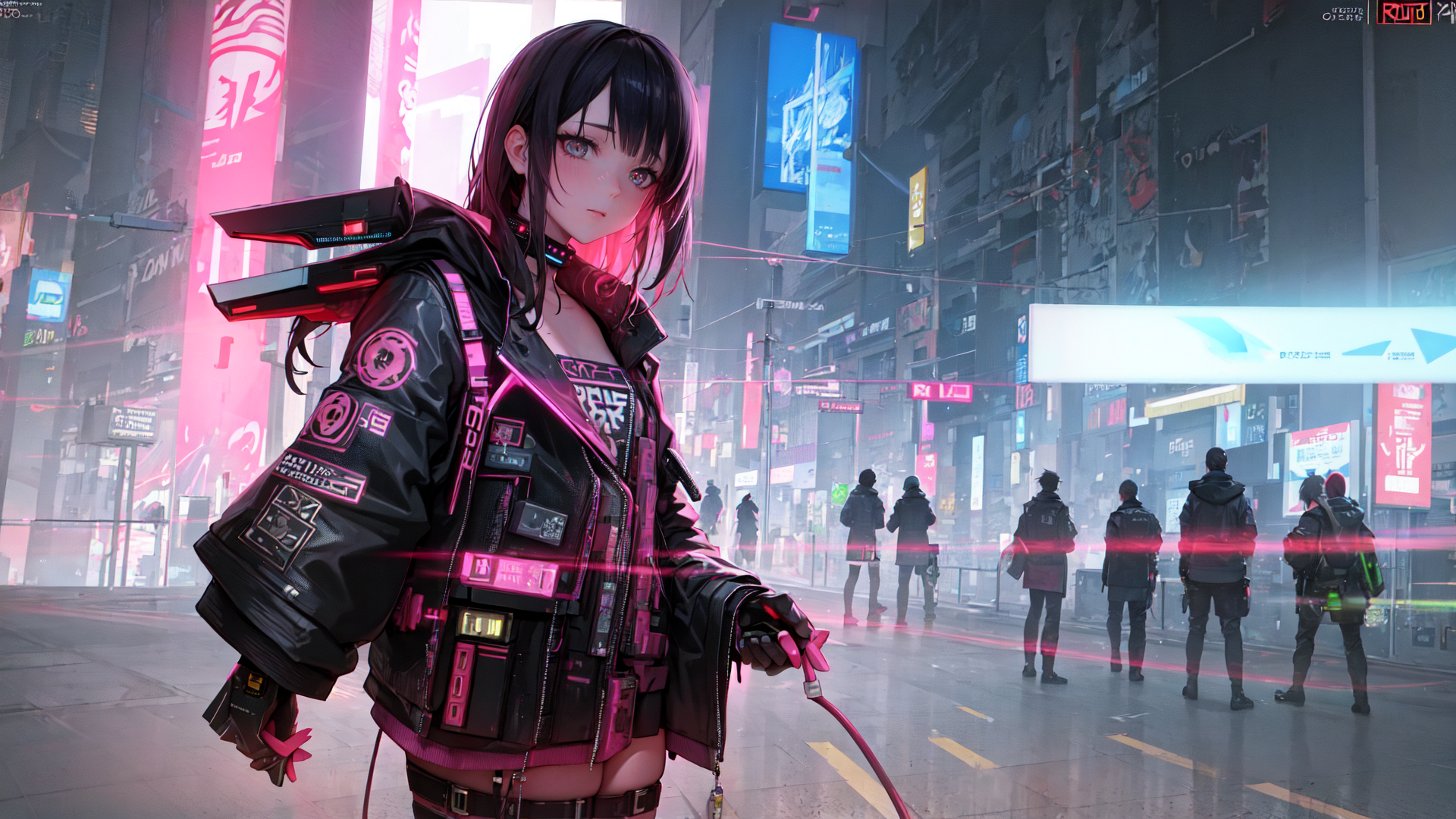 AI generated wallpaper featuring girl, cyberpunk, urban