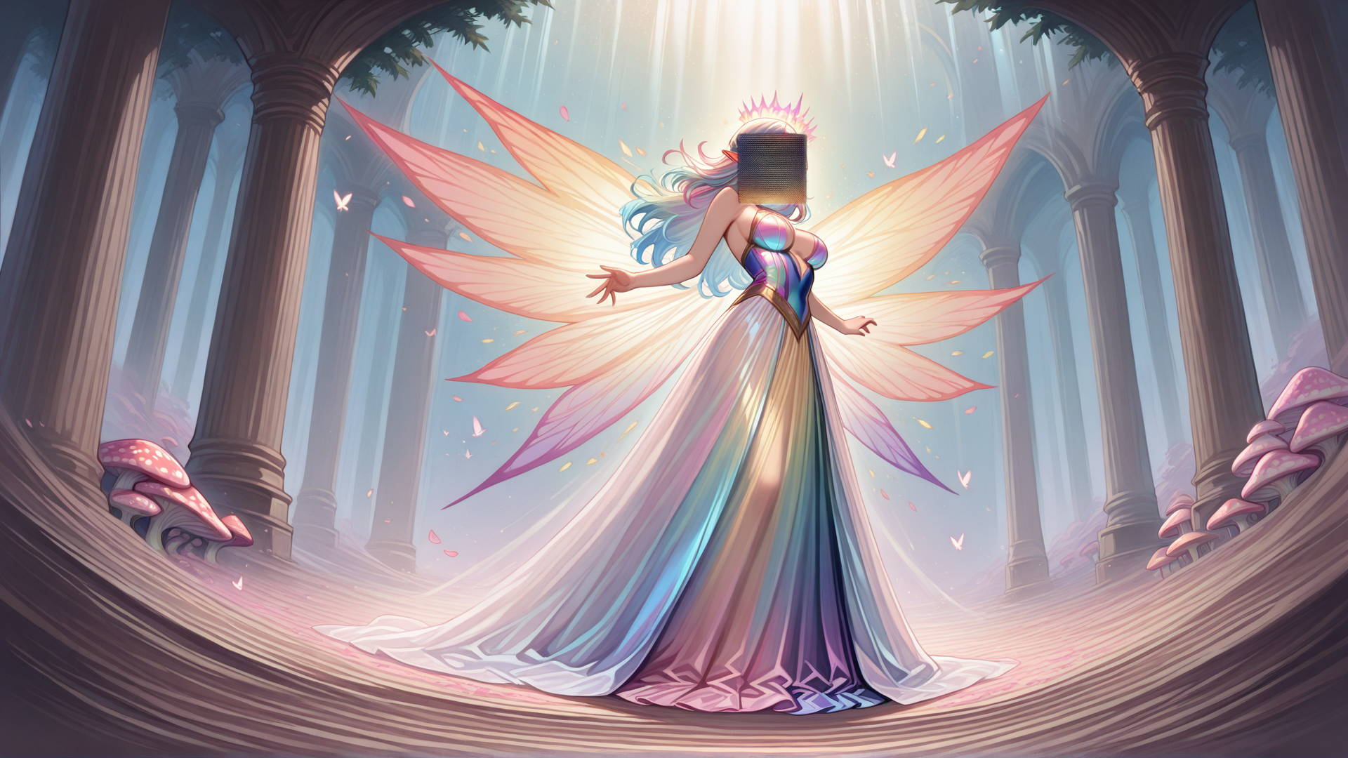 AI generated wallpaper featuring angel, princess, fairy, column, mushroom, butterfly, sunlight, dress, wing, crown