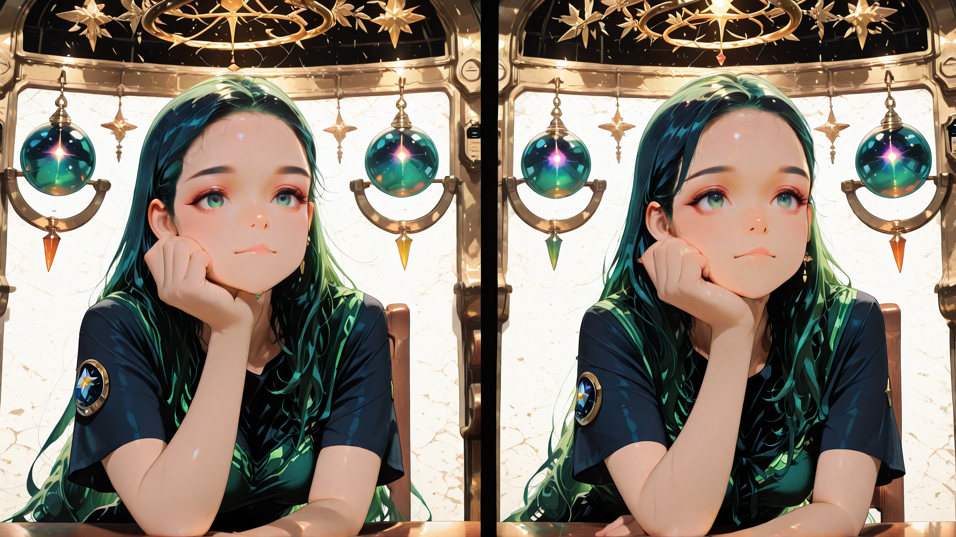 AI generated wallpaper featuring girl, chandelier, pendant, shirt, hair, mirror, table, lamp, wall, star