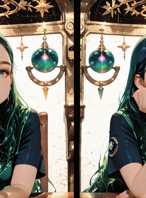 girl, chandelier, pendant, shirt, hair, mirror, table, lamp, wall, star