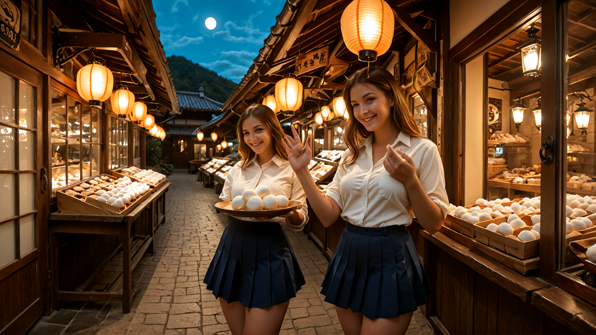 AI generated wallpaper featuring girls, lanterns, pastries, market, skirt, moon, buildings, street, food, buns