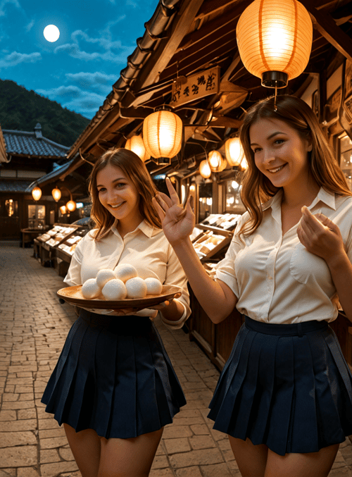 girls, lanterns, pastries, market, skirt, moon, buildings, street, food, buns