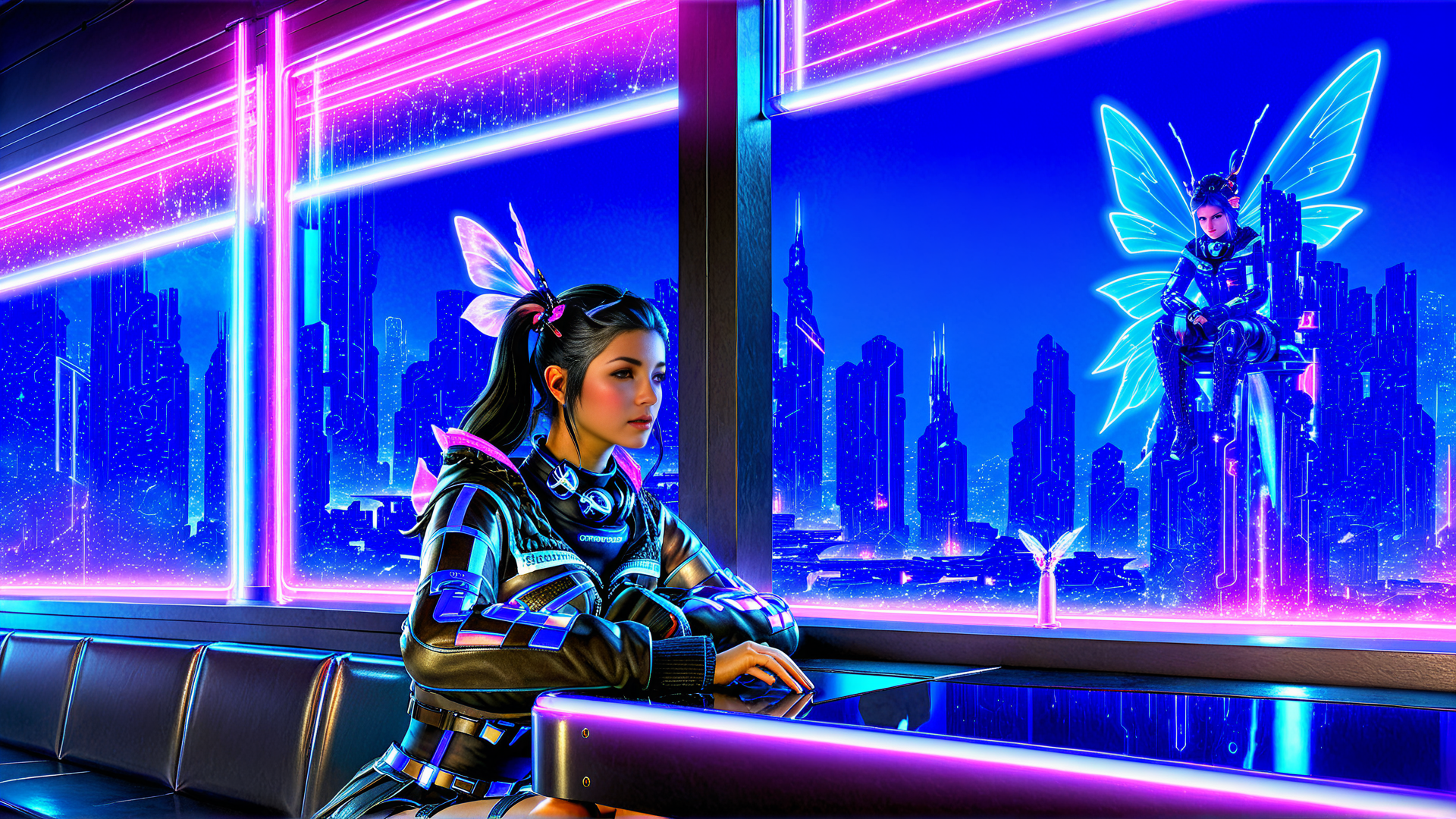 AI generated wallpaper featuring futuristic woman, cyber fairy