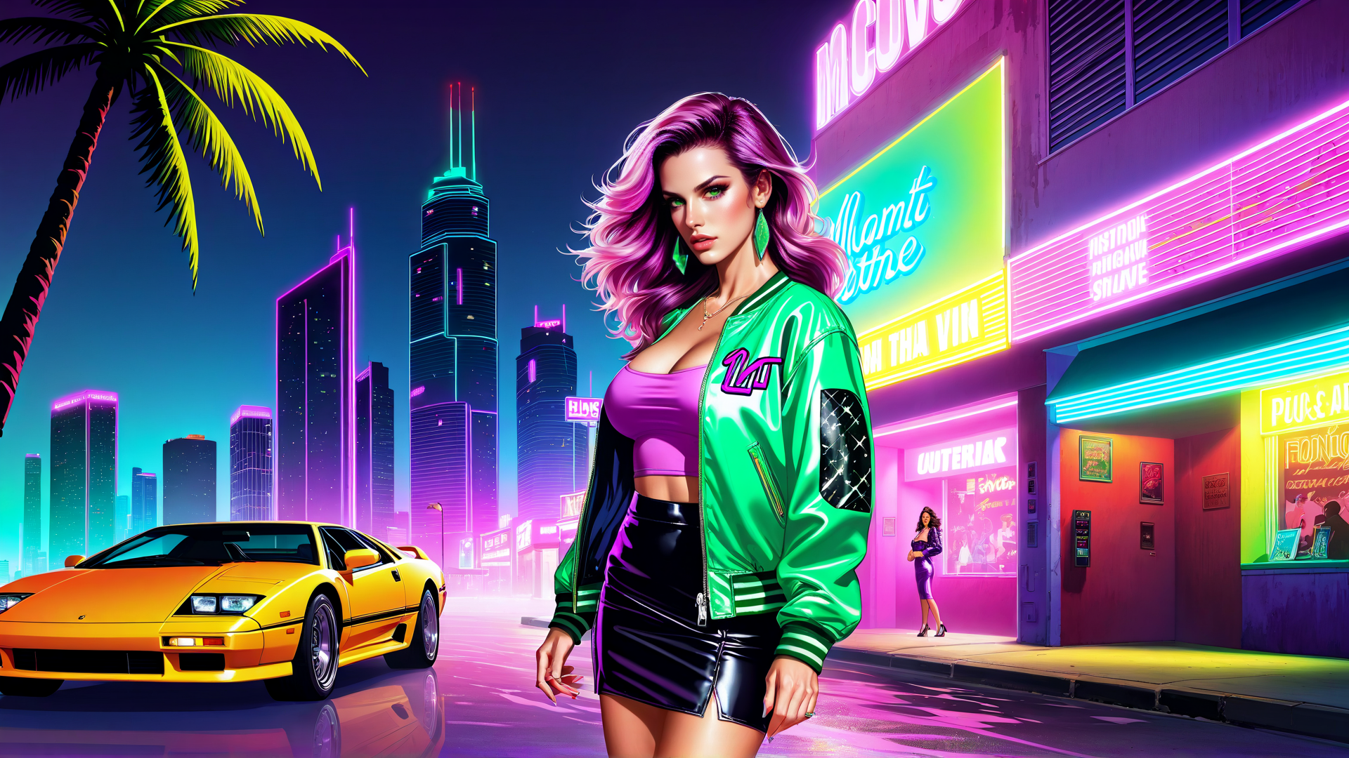 AI generated wallpaper featuring woman, car, cityscape