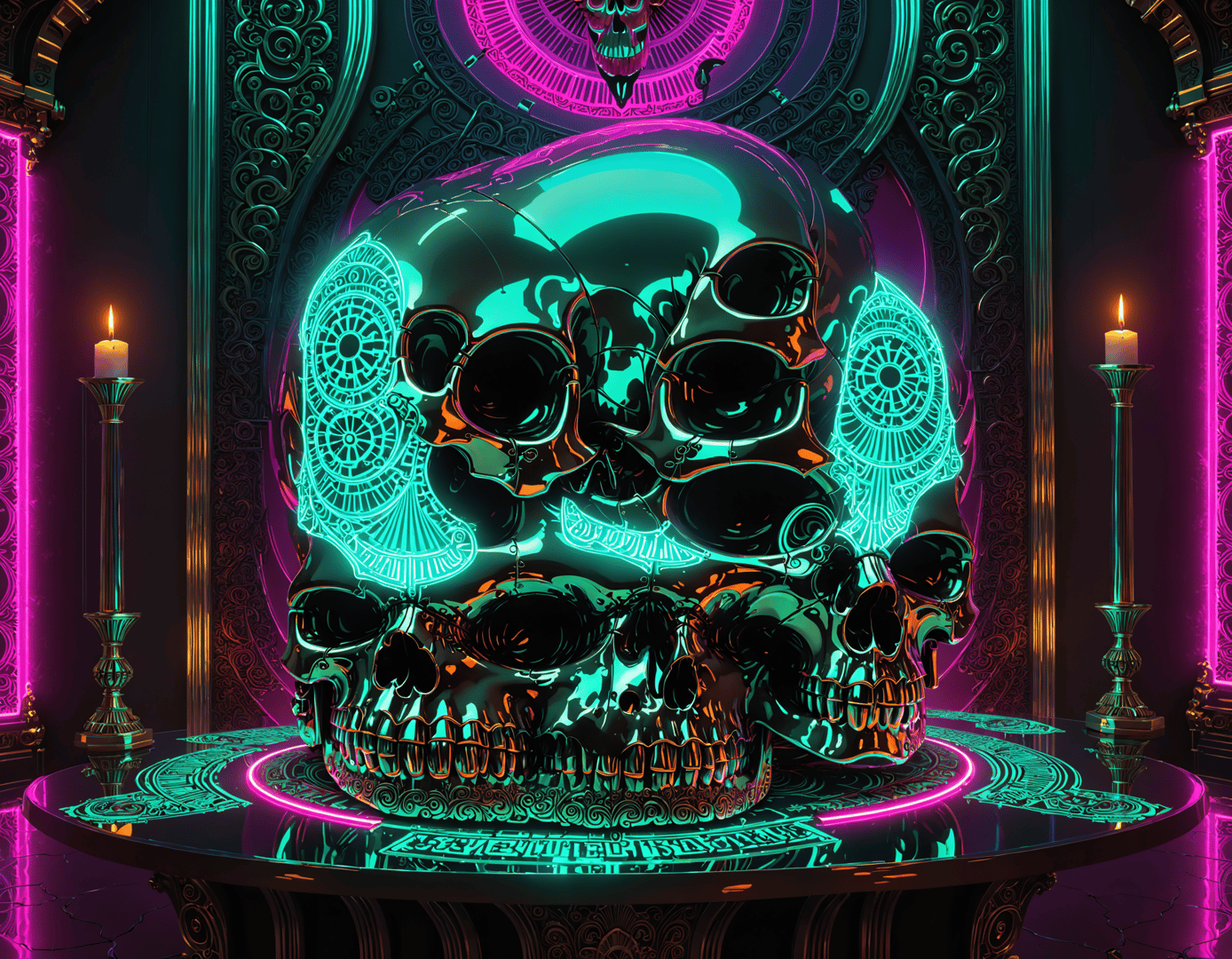 AI generated wallpaper featuring skull, neon, candle