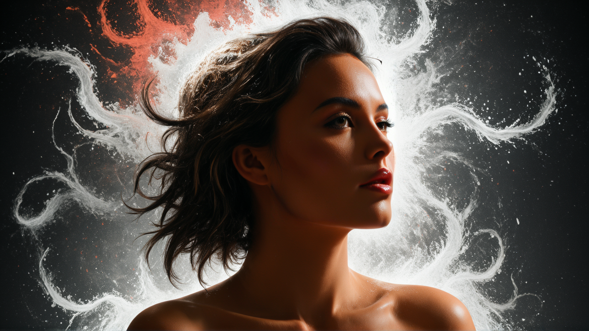 AI generated wallpaper featuring woman, hair, shoulders, powder, particles