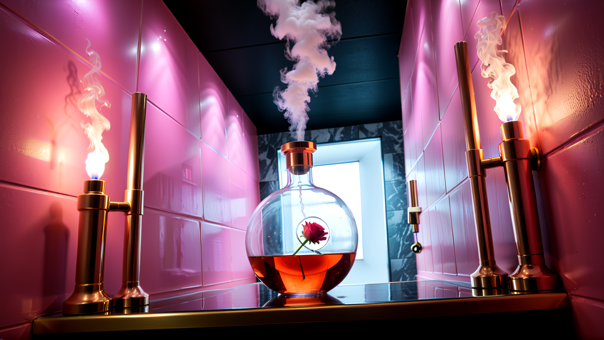 AI generated wallpaper featuring bottle, rose, smoke, flame, tiles
