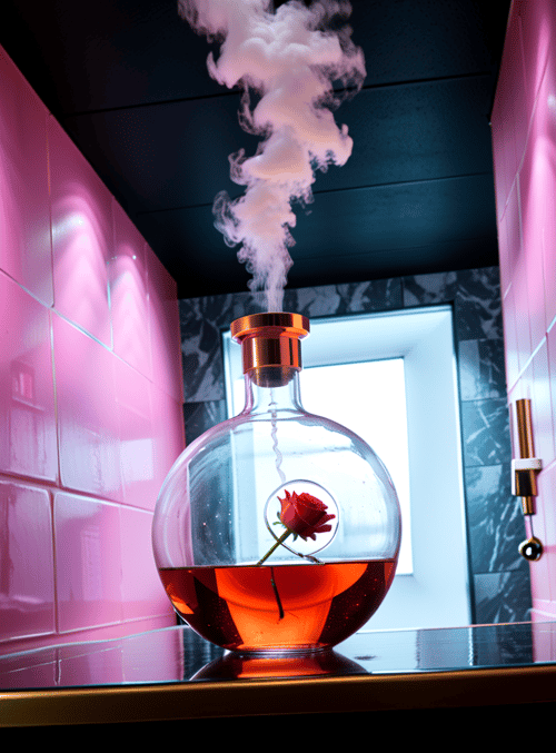 bottle, rose, smoke, flame, tiles