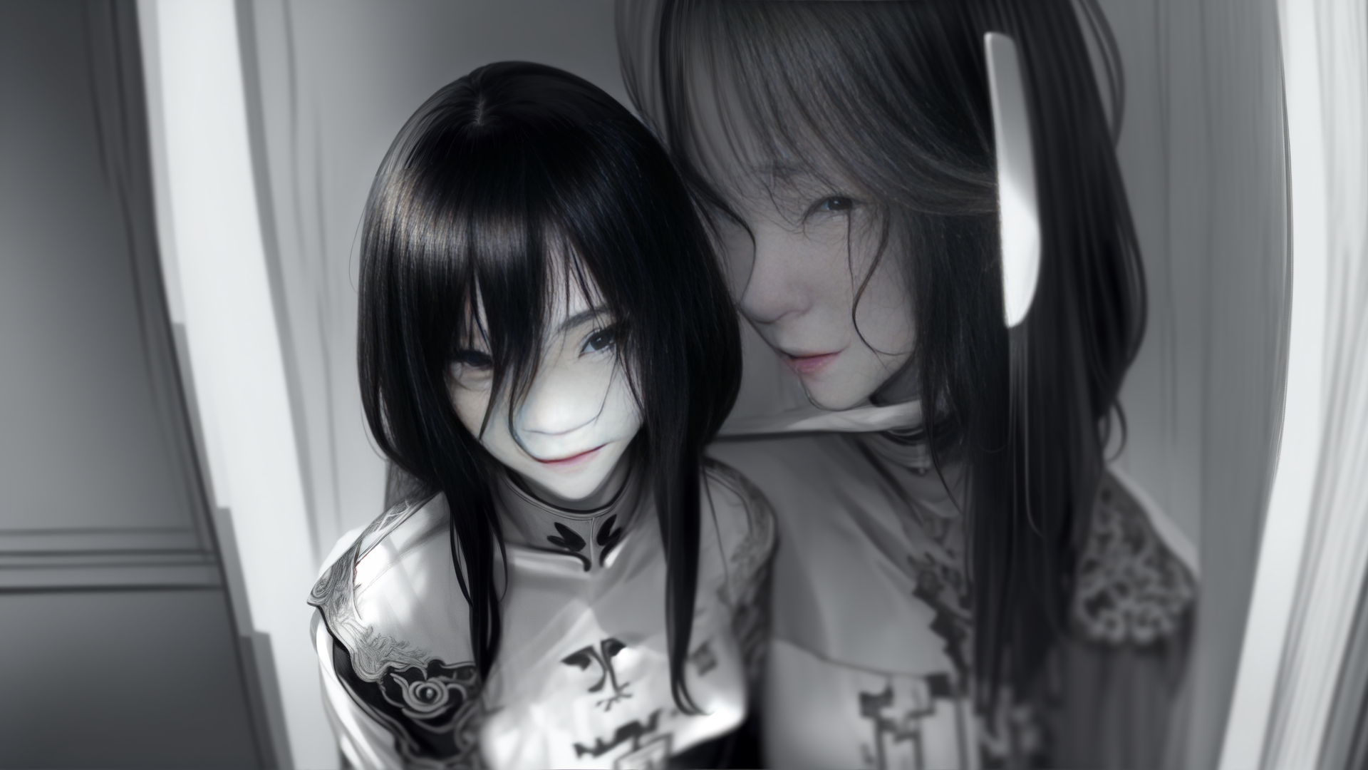 AI generated wallpaper featuring anime, characters, mirror