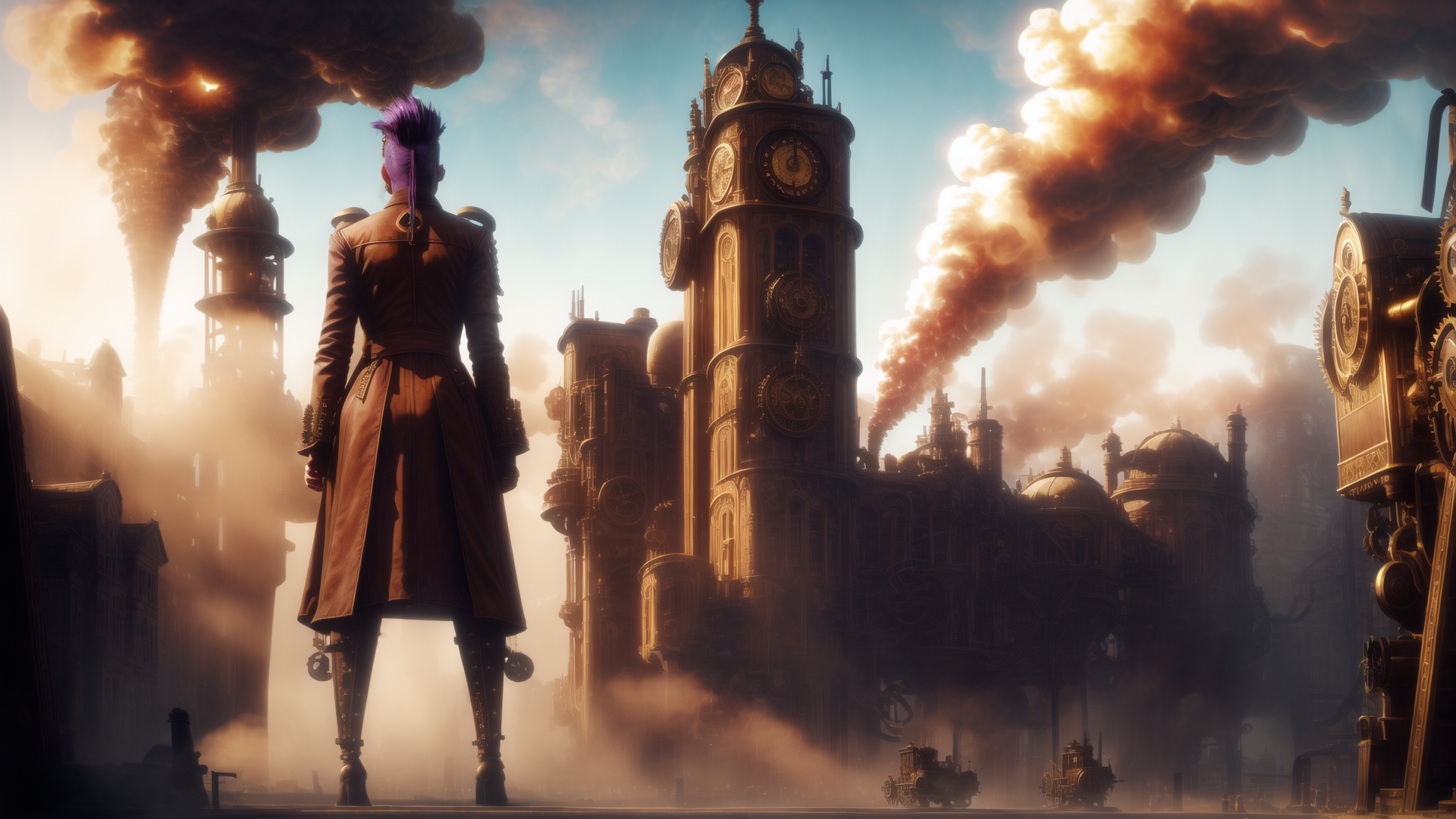 AI generated wallpaper featuring person, clock tower, steam engine
