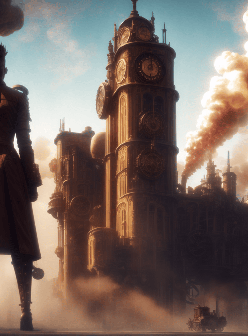 person, clock tower, steam engine