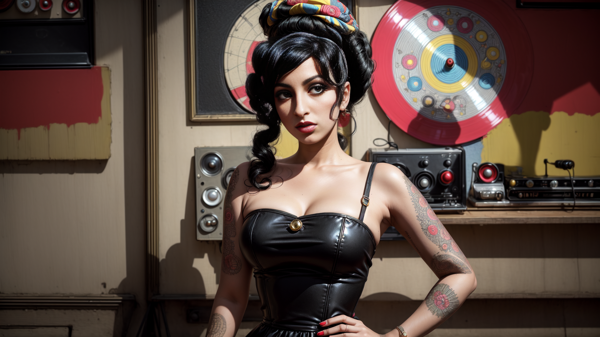 AI generated wallpaper featuring woman, tattoo, vinyl