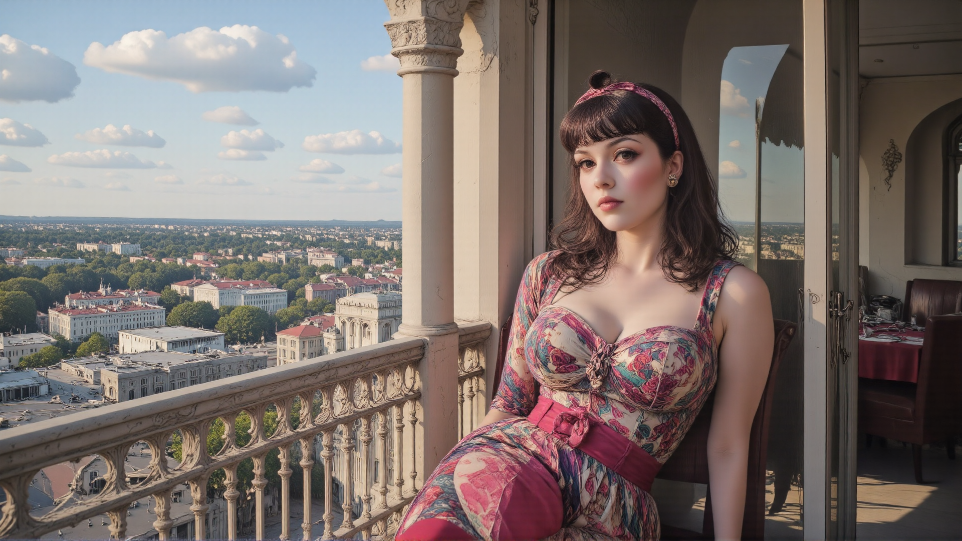 AI generated wallpaper featuring woman, balcony, cityscape