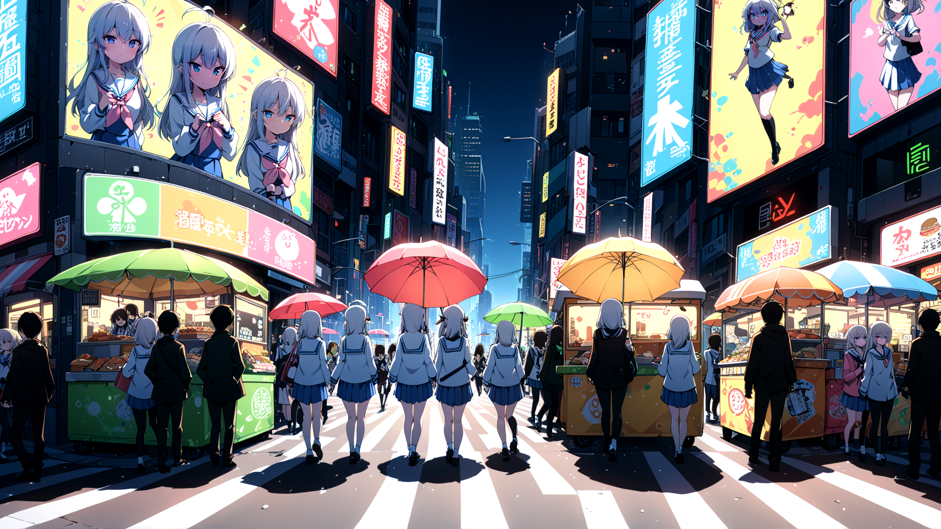 AI generated wallpaper featuring girls, street, umbrellas
