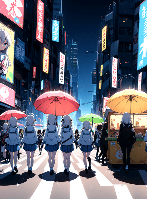 girls, street, umbrellas