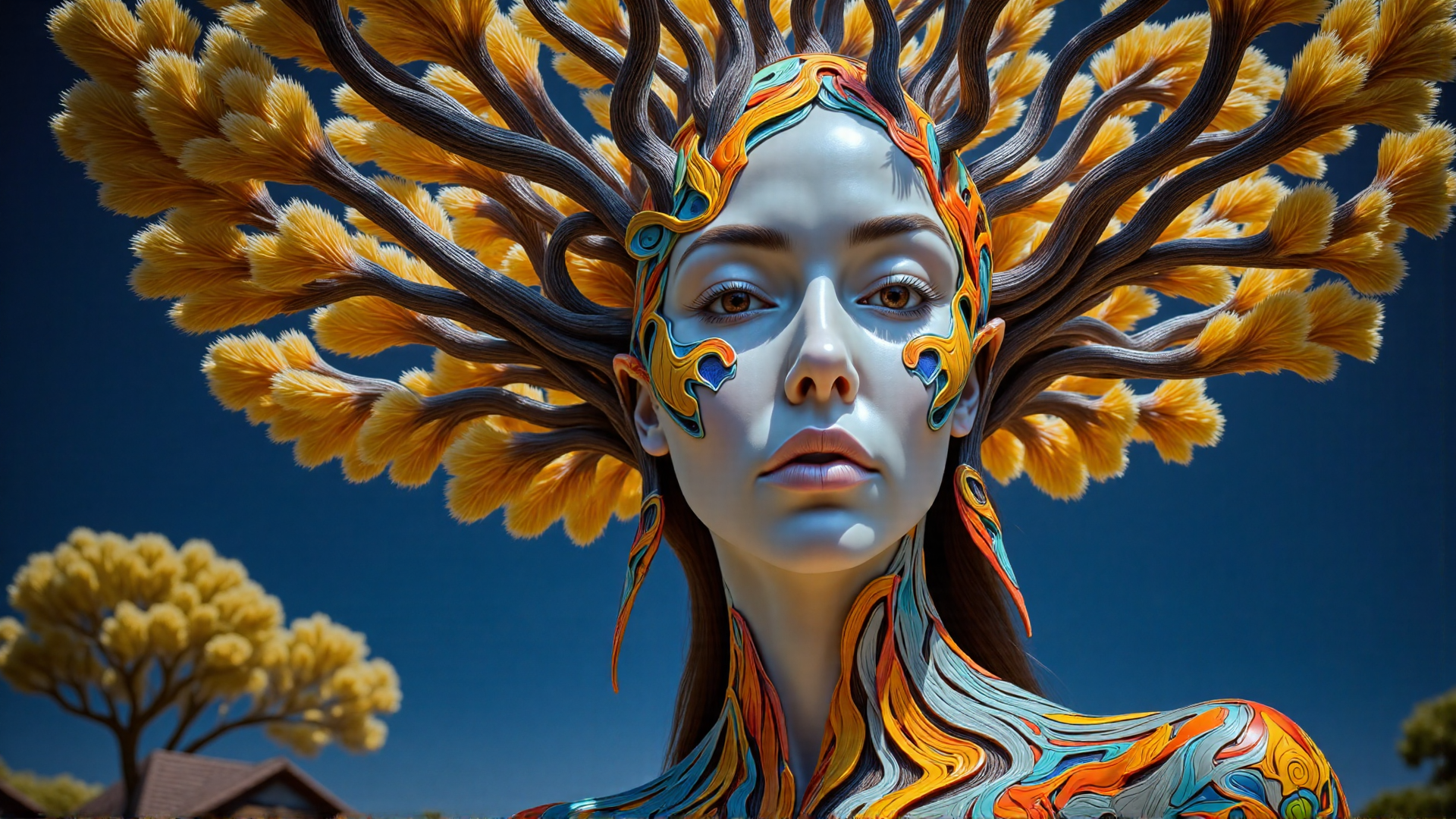 AI generated wallpaper featuring woman, tree, art, nature, design