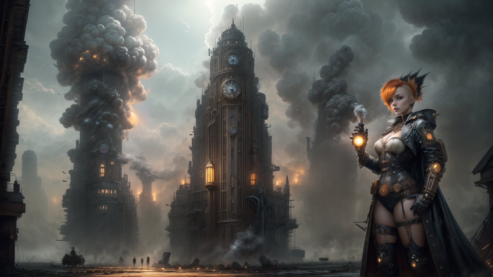 AI generated wallpaper featuring woman, clock tower, smoke, cityscape, steampunk