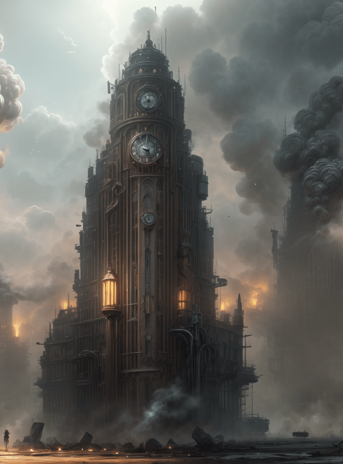 woman, clock tower, smoke, cityscape, steampunk