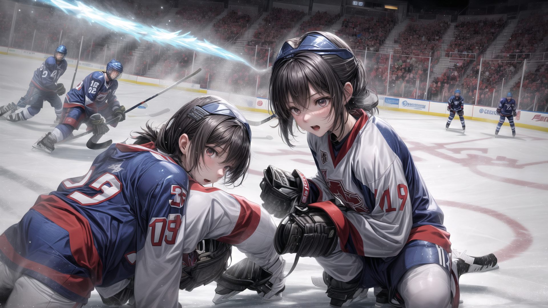 AI generated wallpaper featuring hockey players, anime characters, ice rink, hockey stick, jersey, gloves, helmet