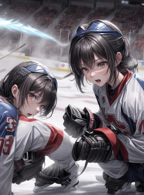 hockey players, anime characters, ice rink, hockey stick, jersey, gloves, helmet