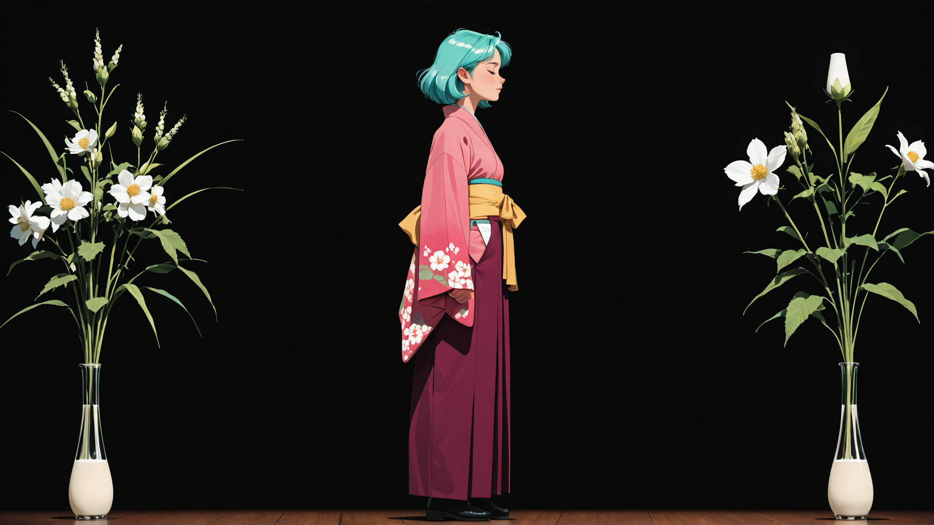 AI generated wallpaper featuring woman, kimono, flowers, vase
