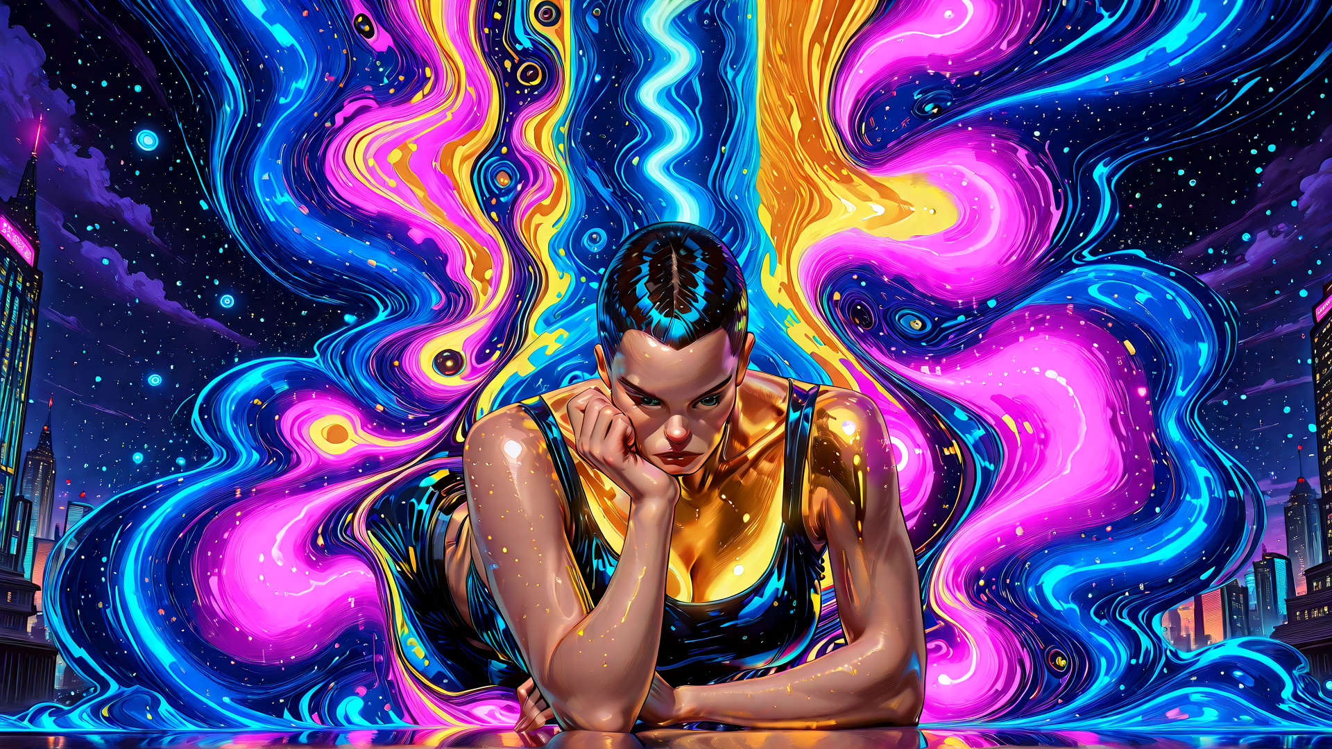 AI generated wallpaper featuring woman, cityscape, neon, abstract, digital