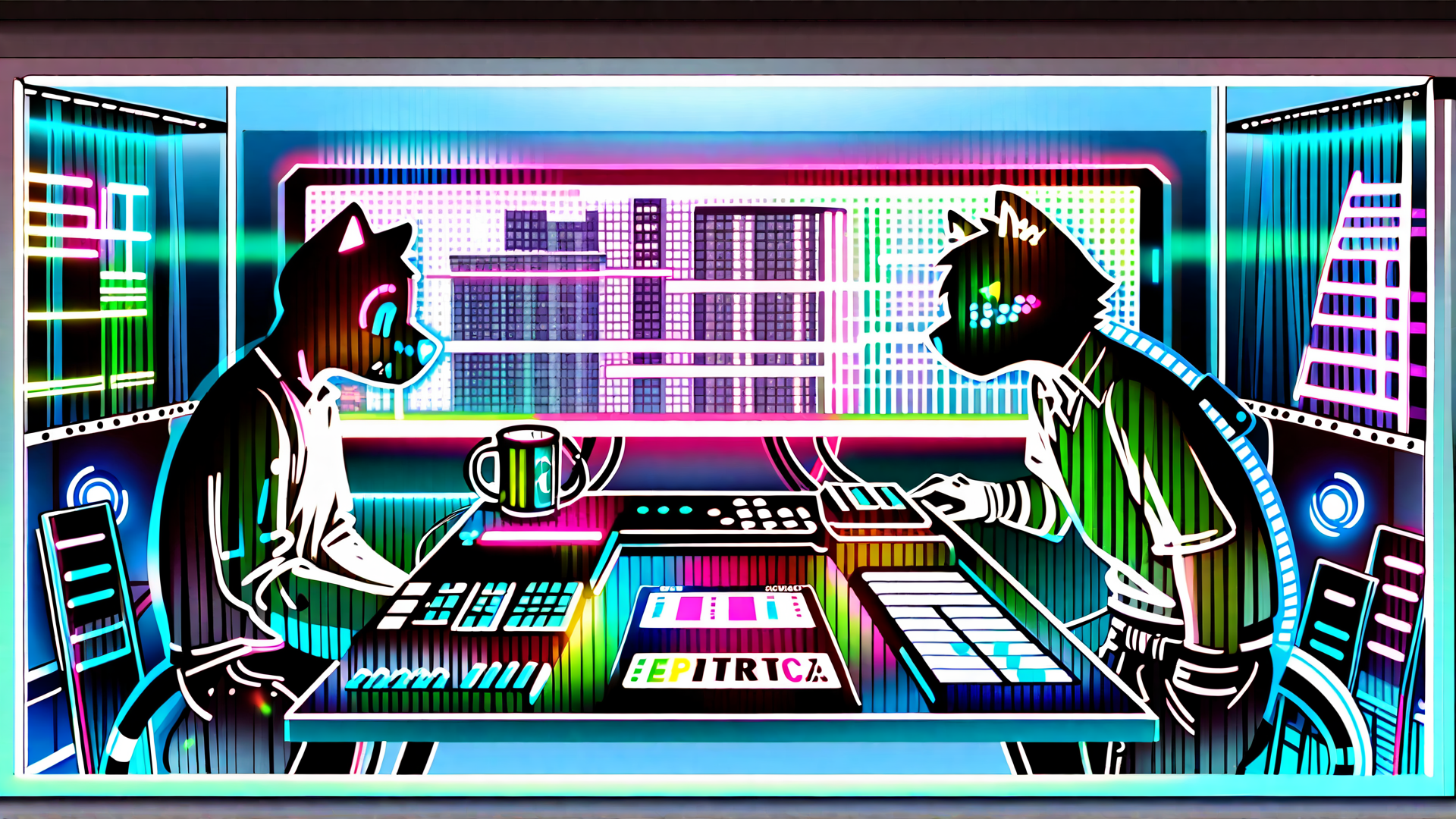 AI generated wallpaper featuring cat, computer, keyboard, screen, mug, cityscape, music, tech, gloves, table